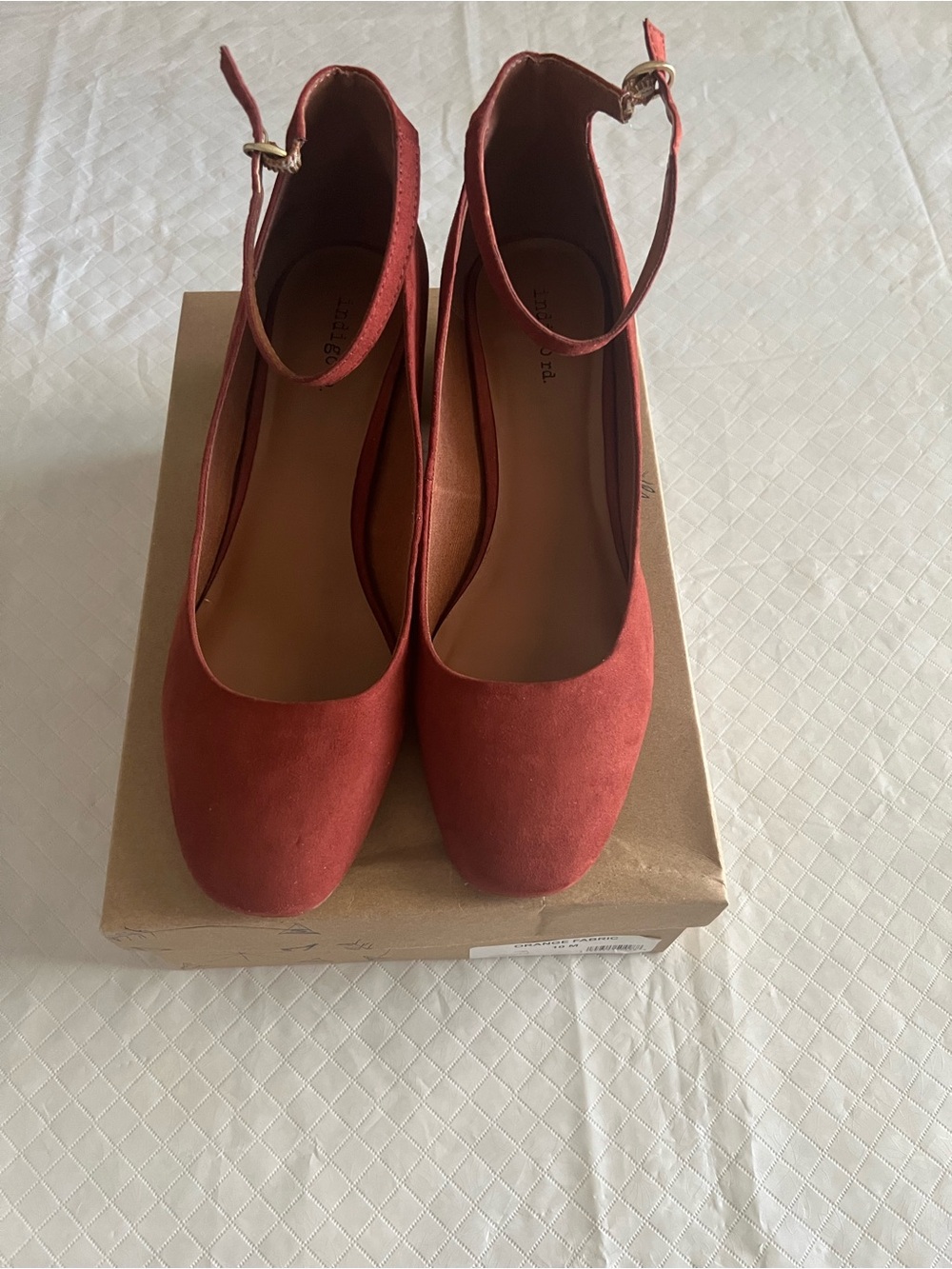 Indigo Suede-Look Ankle-Strap Heels in Brick Red